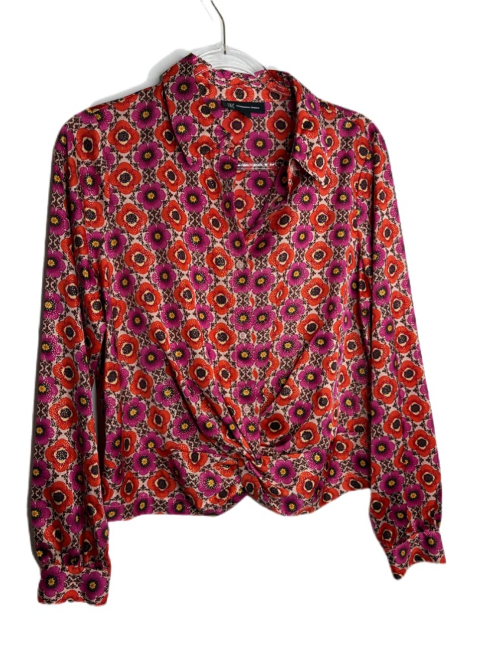 INC International Concepts Pink & Red Floral Twist-Front Blouse